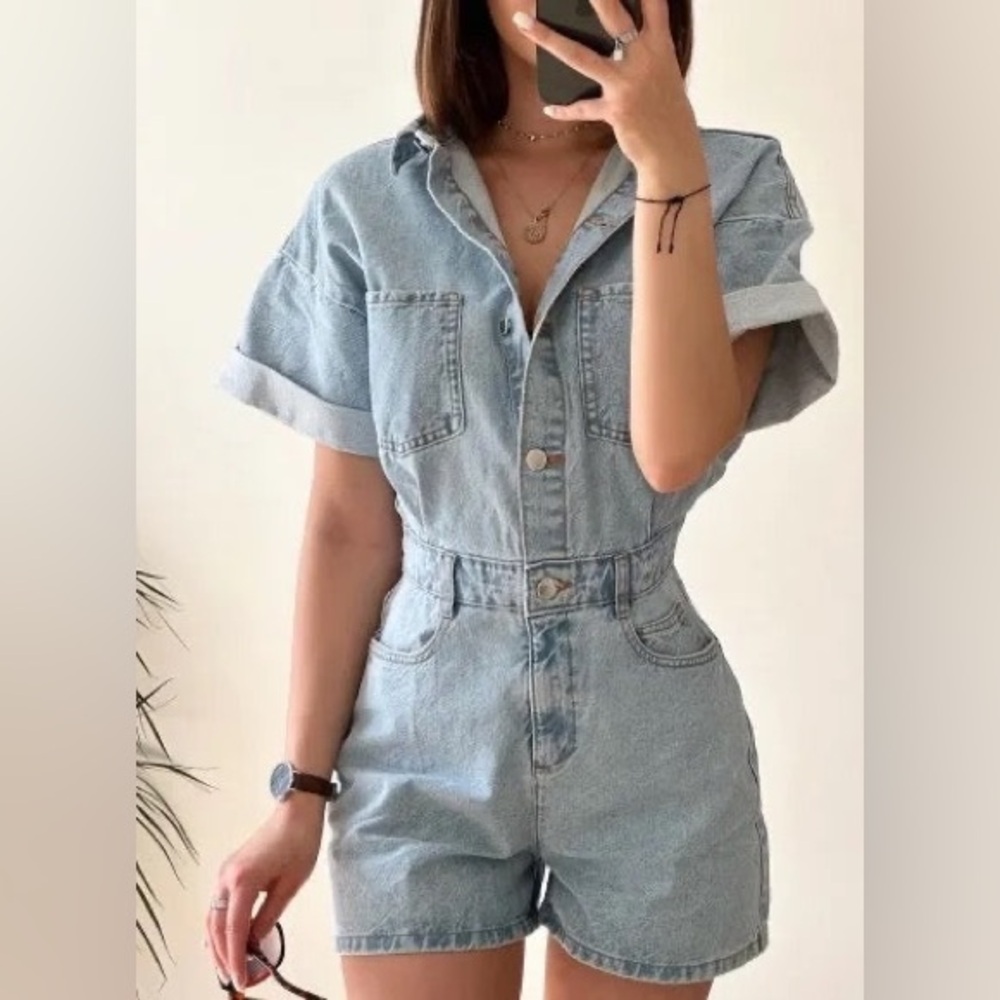 Zara Denim Short Sleeve Button Up Romper